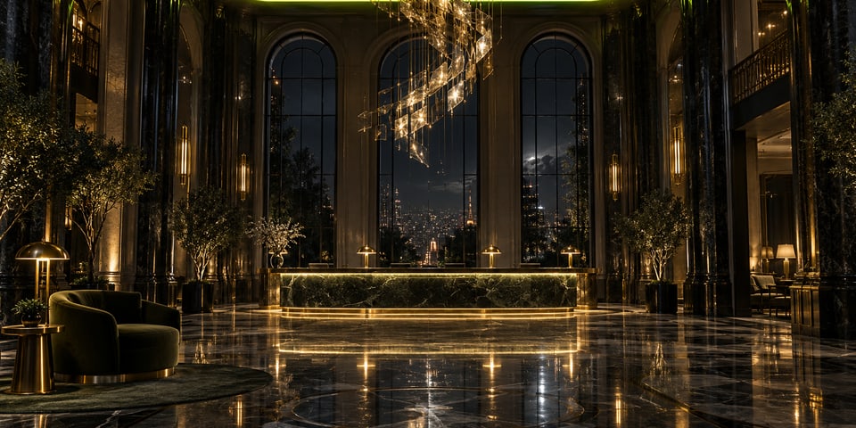 Cinematic hotel lobby still generated in the studio